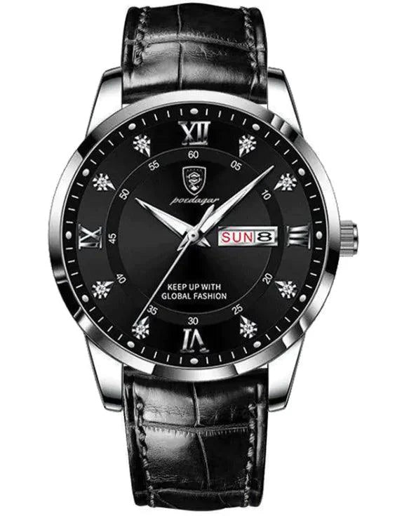 Luminous men's waterproof dual calendar watch by MANDOTOS showing time, date, and luminous hands on a black dial.