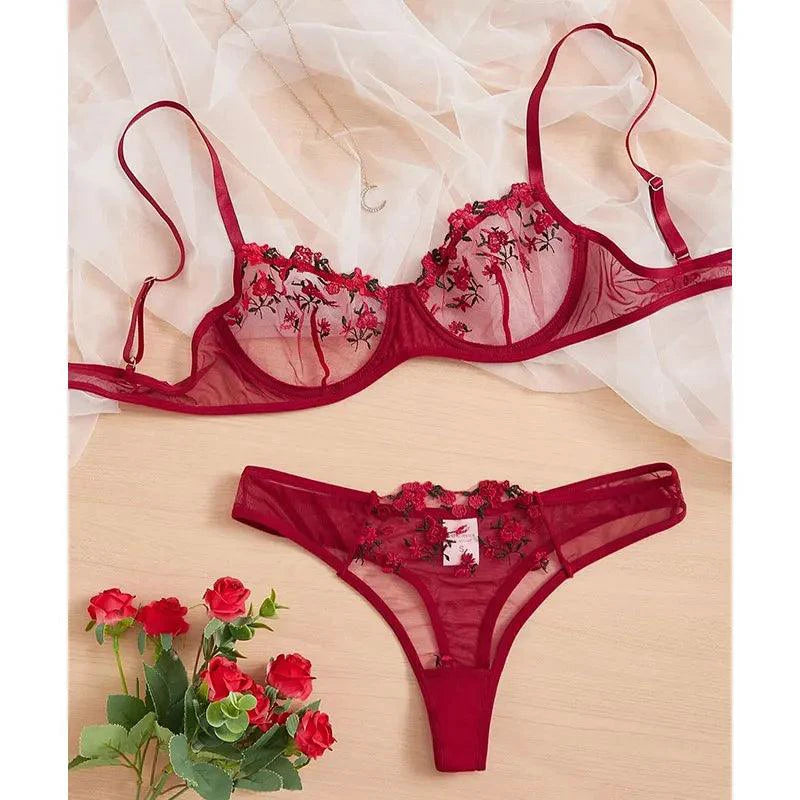 Mandotos Luxe Lingerie floral embroidery 2-piece set featuring delicate lace and intricate floral designs on soft fabric.