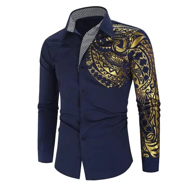 Luxury gold and black men's slim fit long sleeve shirt by MANDOTOS, stylish and modern design with a sleek fit.