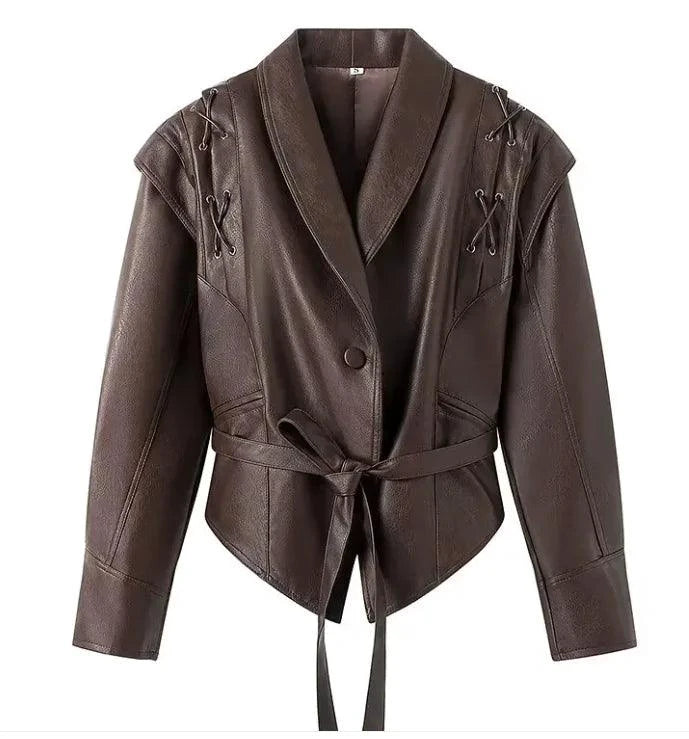 Mandotos casual long sleeve polyester coat in classic brown with a loose fit, designed for women outerwear.