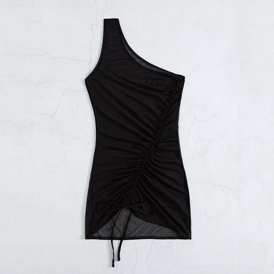 Mandotos chic black mesh one-shoulder beach cover-up with sheer panels for swimwear, lightweight and stylish for beach or poolside.