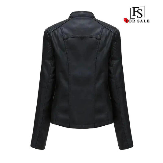 Mandotos Chic Feminine Black Leather Coat With Zipper Pockets And Biker Style Details - MANDOTOS
