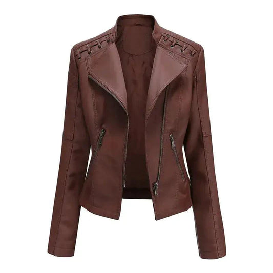 Mandotos Chic Feminine Black Leather Coat With Zipper Pockets And Biker Style Details - MANDOTOS
