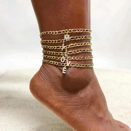 Mandotos Crystal A Z Letter Initial Anklets For Women Cuban Link Stainless Steel Beach Anklet - MANDOTOS