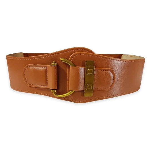 Mandotos designer women's waist cummerbund belt in burgundy leather with wide gold buckle and stretch fit.
