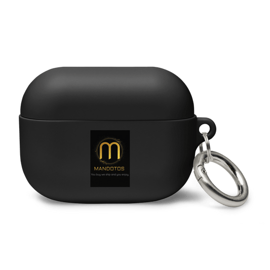 Mandotos FlexiGuard AirPods case in black with textured surface and keyring attachment for protection and easy carrying.