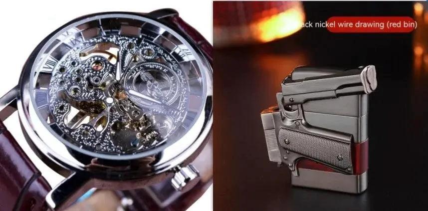 Mandotos men's mechanical watch with black dial and leather strap, showcasing classic design and precise timekeeping.