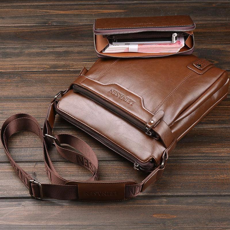 Mandotos men's messenger bag made of durable leather with adjustable shoulder strap and multiple compartments.