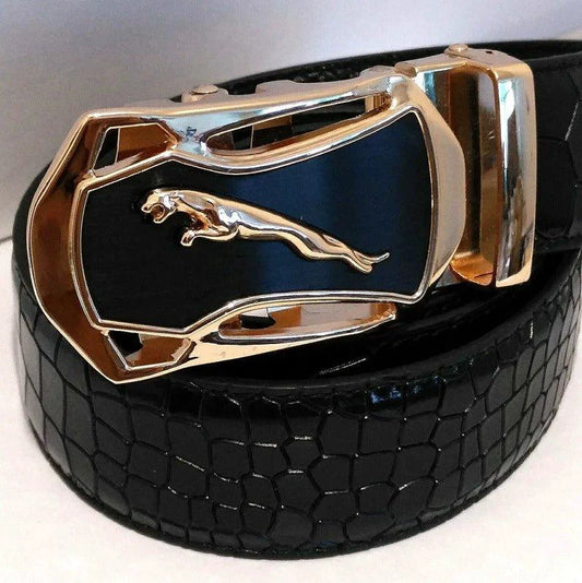 Men's leather belt with automatic buckle featuring a leopard sports car design by MANDOTOS, stylish and sleek accessory.
