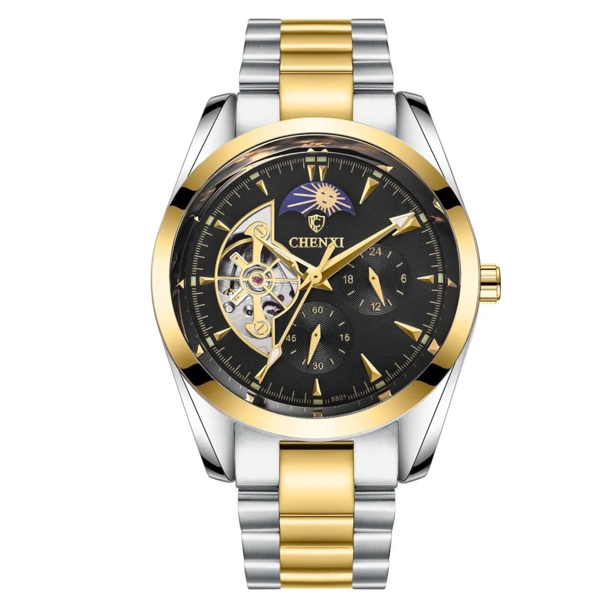 Mandotos men's business mechanical watch with a sleek black dial and stainless steel band.