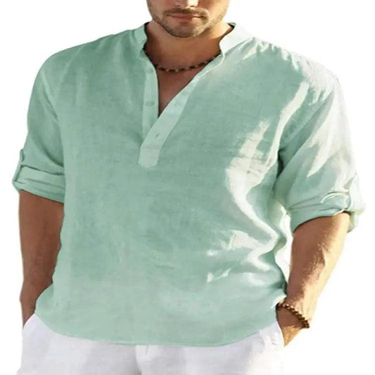 Men's Casual Cotton Linen Solid Color Long Sleeve Shirt Loose Stand Collar - MANDOTOS