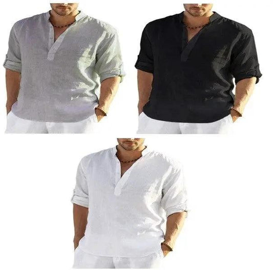 Men's Casual Cotton Linen Solid Color Long Sleeve Shirt Loose Stand Collar - MANDOTOS