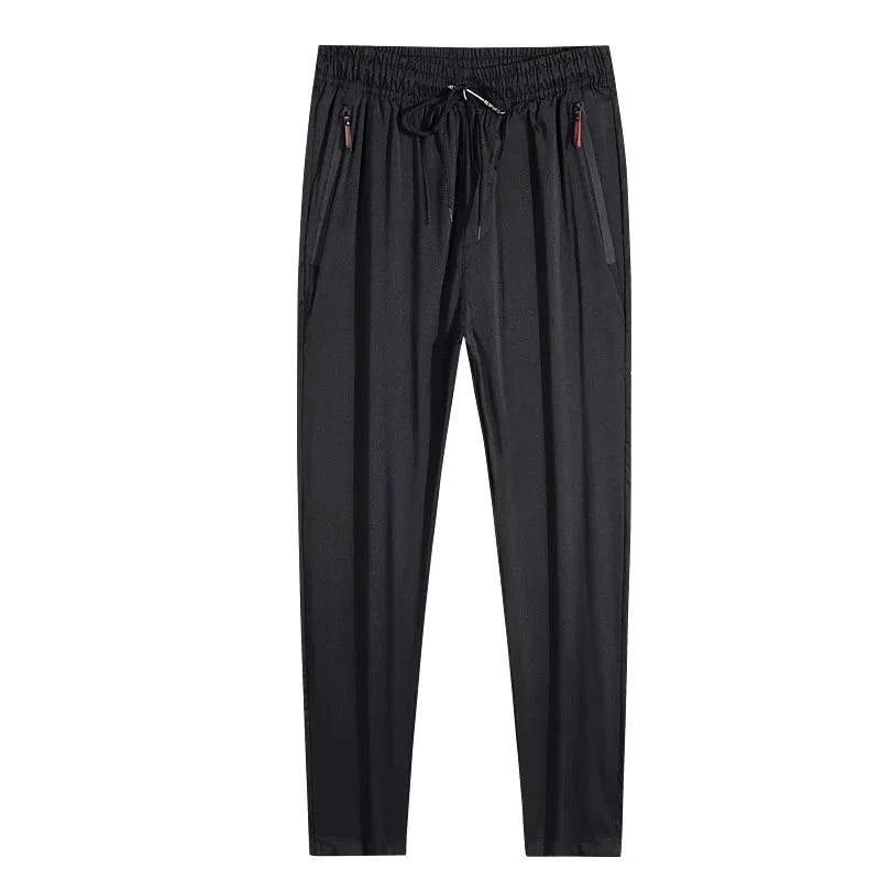 Men's casual straight slim fit jogger pants in blue, black, or gray with elastic waist from MANDOTOS, plus size available.