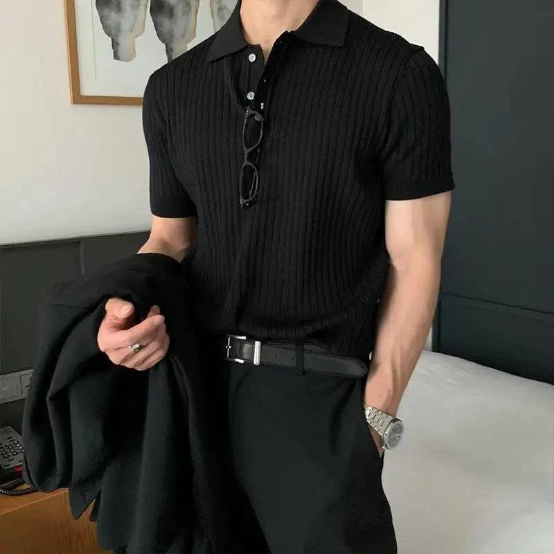 Men's textured knit lapel polo shirt by MANDOTOS, featuring a classic collar and detailed knit pattern in a casual, stylish fit.
