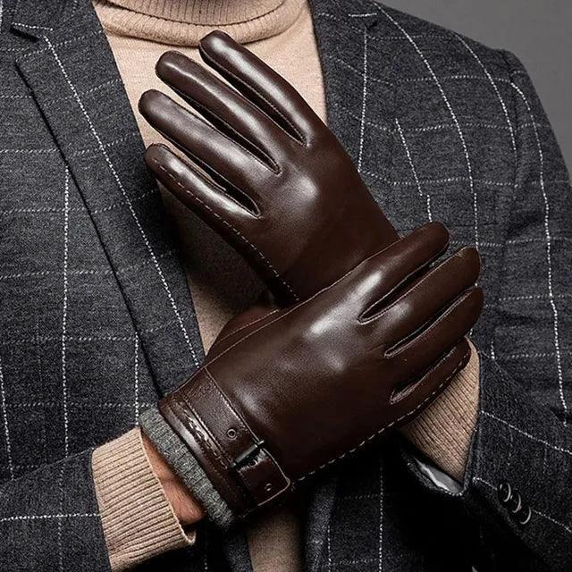 Men's winter leather gloves by MANDOTOS, showing soft black leather with warm lining and detailed stitching.