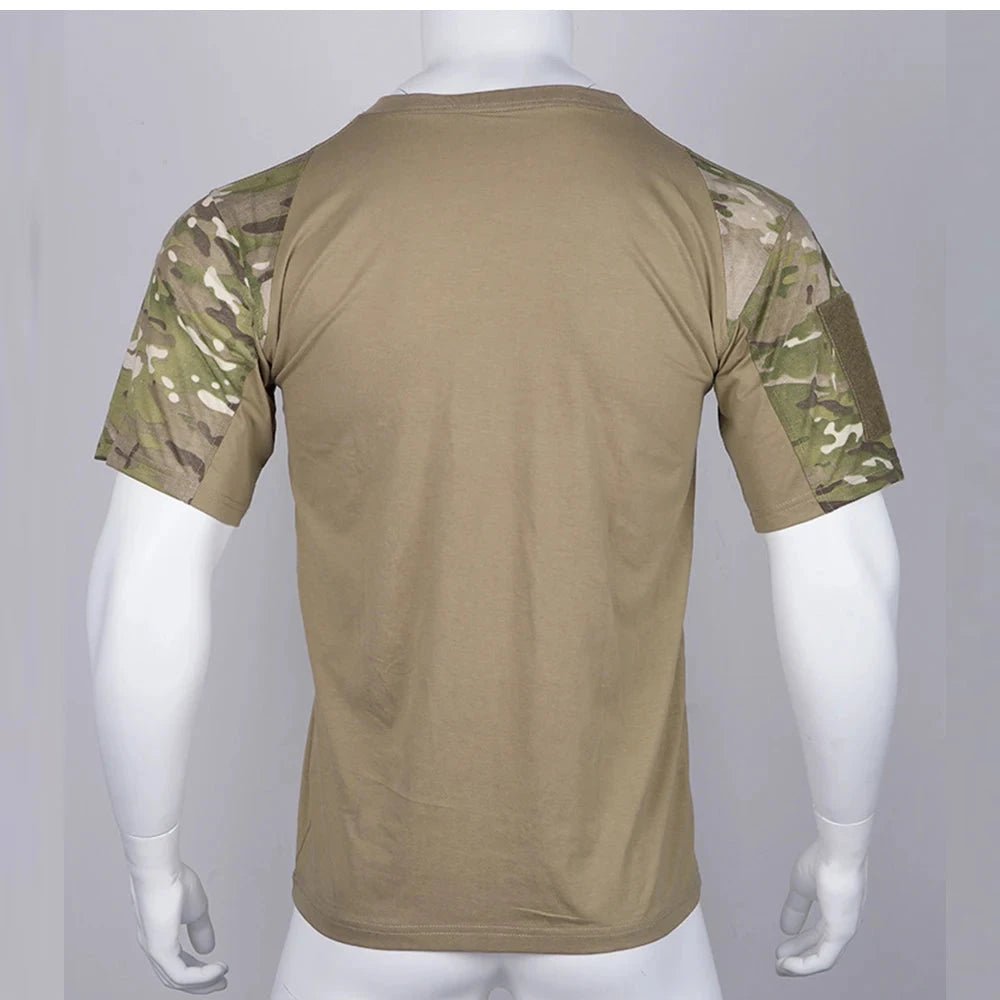 Mandotos men's camouflage tactical t-shirt featuring breathable fabric and outdoor hunting and workout clothing style.