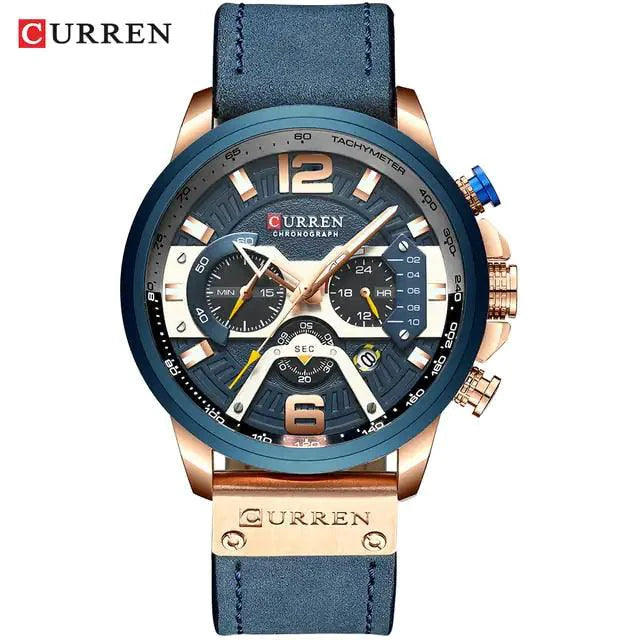 Mandotos military leather chronograph wristwatch with black dial, silver case, and brown leather strap showing detailed watch face.