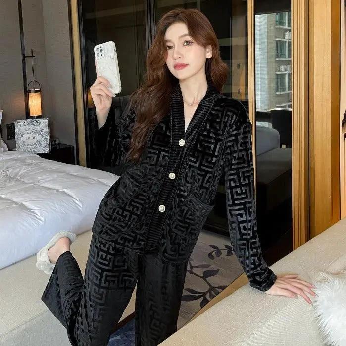 Women's gold velvet pajamas suit by MANDOTOS featuring a comfortable, luxurious pajama top and pants set.