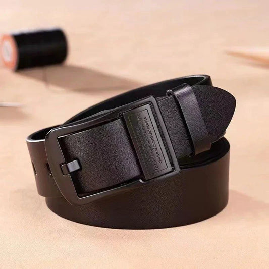 Mandotos men's leather cowhide belt with metal alloy pin buckle, stylish and luxury waist strap for jeans and casual wear.