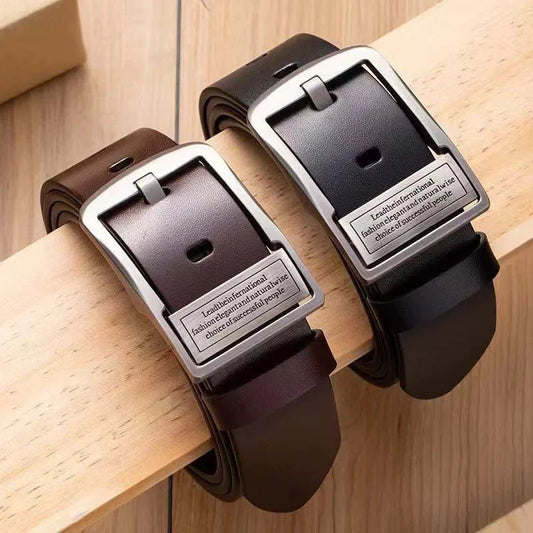 Mandotos men's leather cowhide belt with metal alloy pin buckle, stylish and luxury casual strap for jeans and business wear.