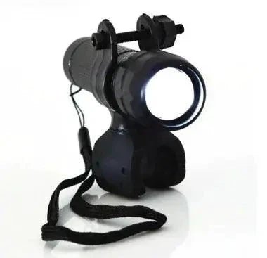 Mandotos Night Rider LED front light mounted on a bicycle, providing bright, high-visibility illumination for night riding.