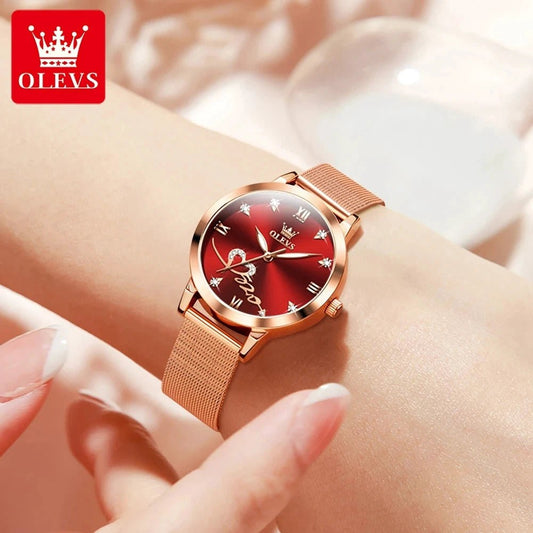 Mandotos OLEVS luxury women's rose gold quartz watch with stainless steel mesh strap and love dial, elegant and fashionable.