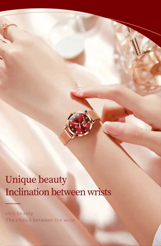 Mandotos OLEVS luxury ladies' watch with rose gold stainless steel mesh strap and love dial, featuring original quartz movement.