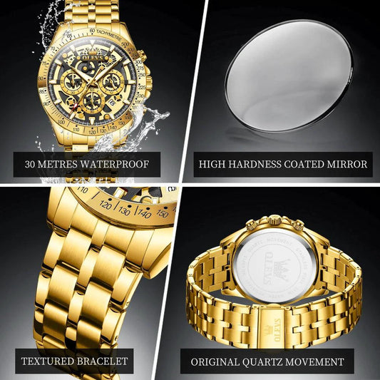 Mandotos OLEVS luxury gold men's skeleton stainless steel chronograph wristwatch with luminous dial and waterproof quartz movement.