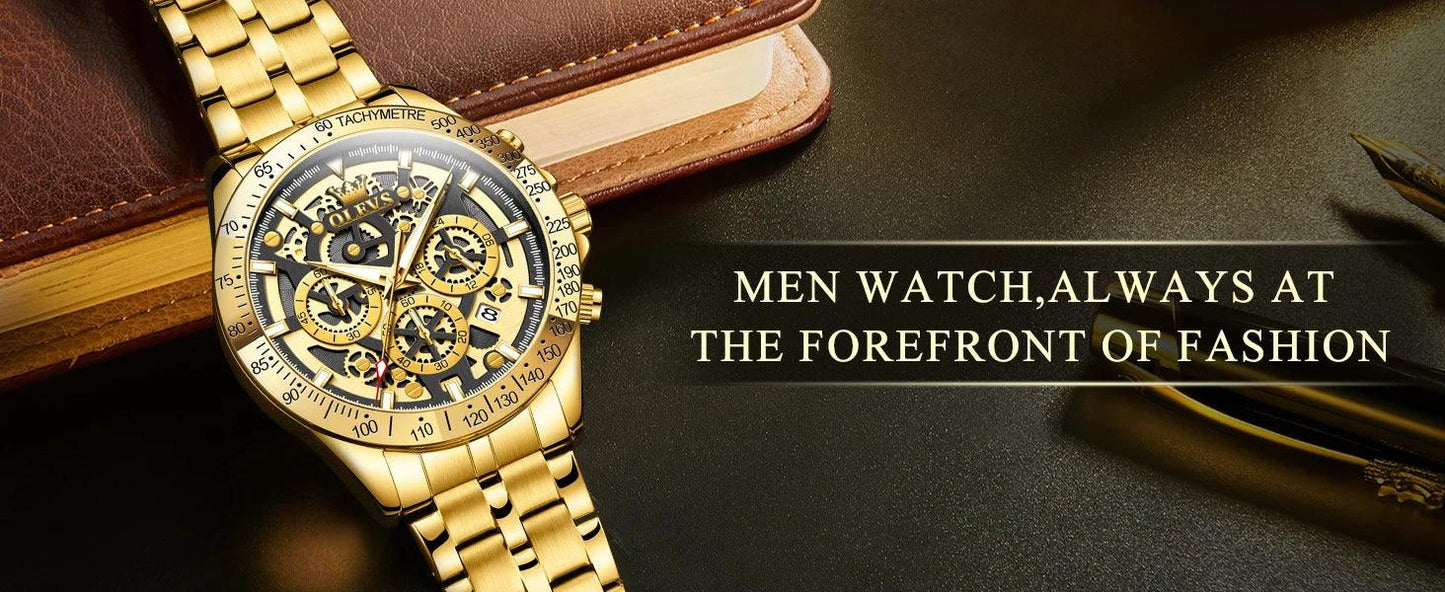 Mandotos OLEVS luxury gold men's skeleton stainless steel chronograph wristwatch with luminous dial and waterproof quartz movement.