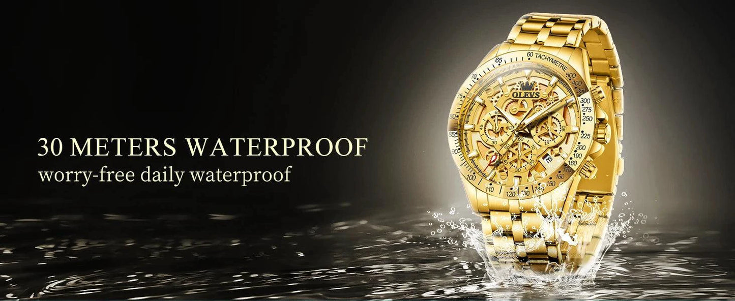 Mandotos OLEVS luxury gold men's skeleton stainless steel chronograph wristwatch with luminous dial and waterproof design.
