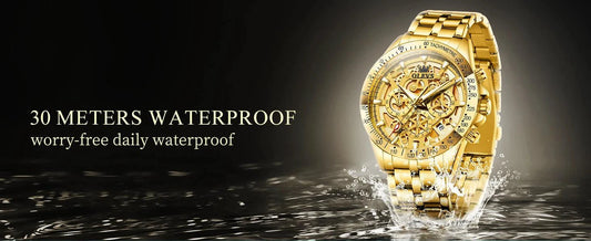 Mandotos OLEVS luxury gold men's skeleton stainless steel chronograph wristwatch with luminous dial and waterproof design.