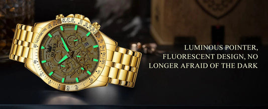 Mandotos OLEVS luxury gold men's skeleton stainless steel chronograph wristwatch with luminous dial and waterproof quartz movement.