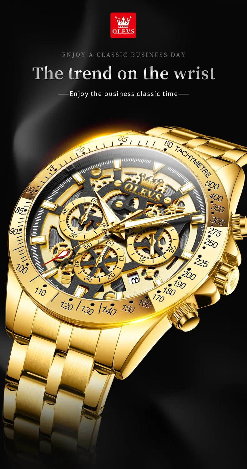 Mandotos OLEVS luxury gold men's skeleton chronograph wristwatch with stainless steel band, luminous dial, waterproof, quartz movement.