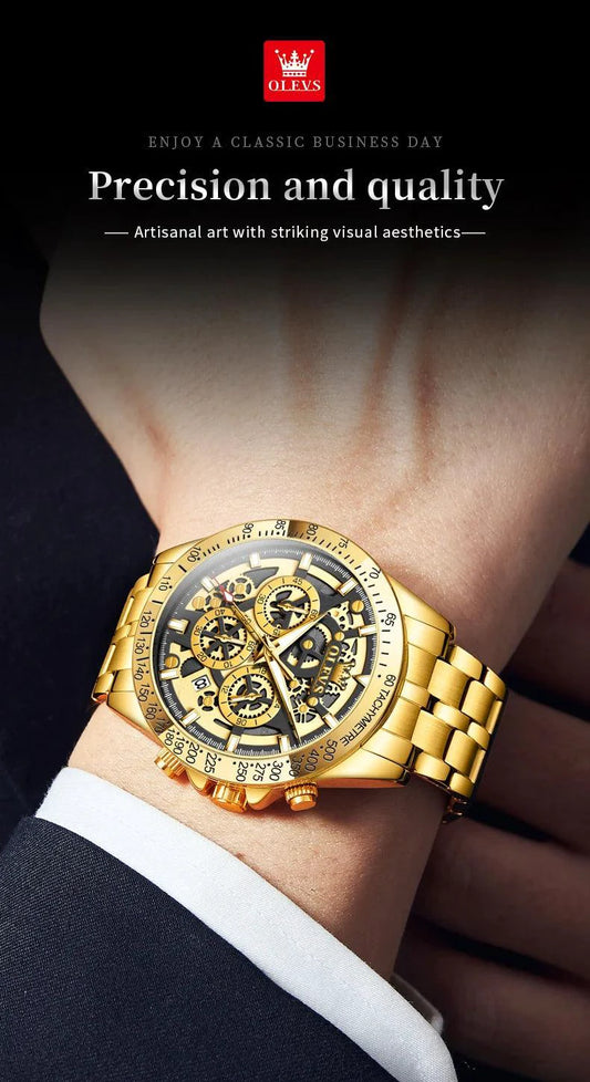 Mandotos OLEVS luxury men's gold skeleton stainless steel chronograph wristwatch with luminous dial and waterproof quartz movement.