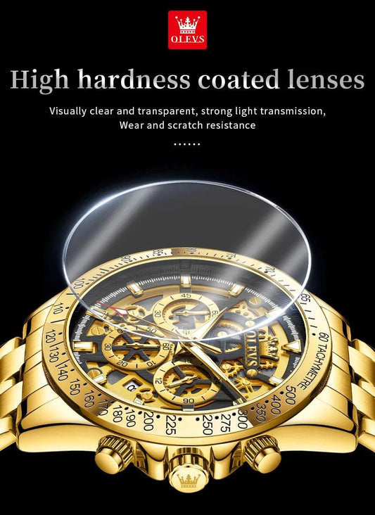 Mandotos OLEVS luxury men's gold skeleton stainless steel chronograph wristwatch with luminous dial and waterproof quartz movement.