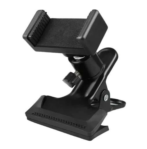 Mandotos Phone Guitar Clip Stand holding a smartphone, designed for hands-free use and easy access during music sessions or videos.