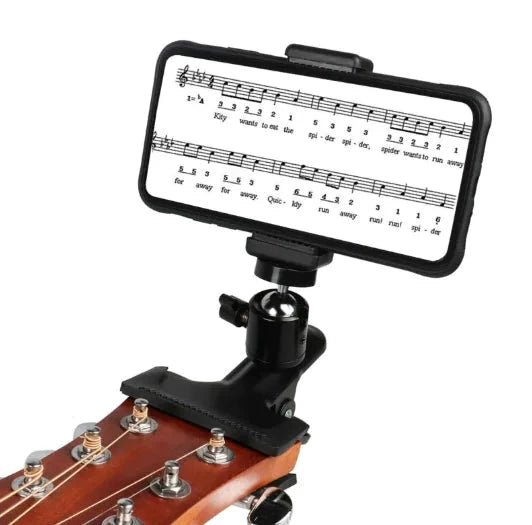 Mandotos phone guitar clip stand holding a smartphone, adjustable clip for easy setup and stable support for music or videos.