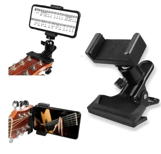 Mandotos Phone Guitar Clip Stand holding a smartphone, adjustable clip design for hands-free use and easy viewing.