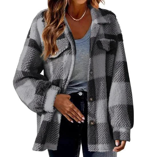 Mandotos plaid wool jacket with turndown collar, featuring a classic checkered pattern and cozy design for autumn wear.