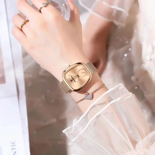 Mandotos POEDAGAR elegant women's mesh watch with waterproof stainless steel band and quartz movement, stylish for ladies.