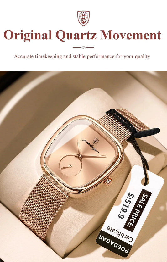 Mandotos POEDAGAR women's mesh waterproof stainless steel quartz watch, stylish timepiece for ladies with elegant design