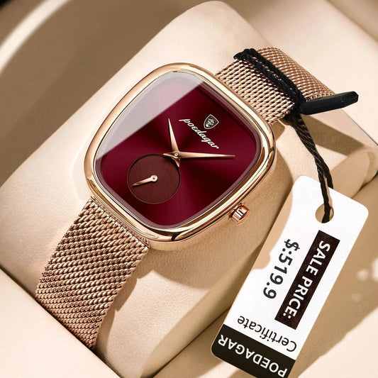 Mandotos POEDAGAR elegant women's mesh watch with waterproof stainless steel band and quartz movement, stylish for ladies.