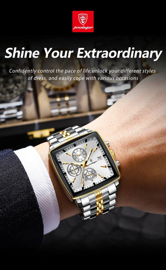 Mandotos POEDAGAR luxury men's chronograph watch with stainless steel band, luminous dial, waterproof and sporty design