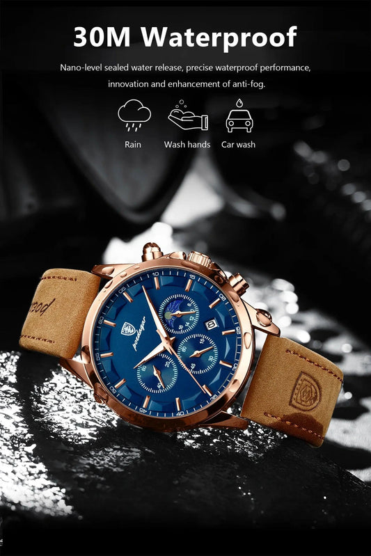 Mandotos POEDAGAR luxury men's chronograph watch with waterproof design, luminous dial, and leather strap.