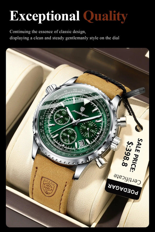 Mandotos POEDAGAR men's luxury quartz chronograph watch with waterproof, luminous dial, leather strap, military sports style.