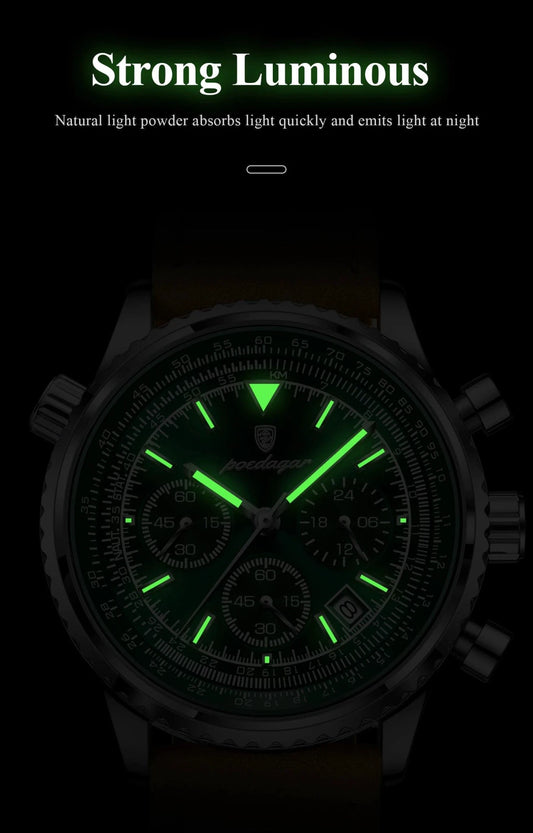 Mandotos POEDAGAR men's luxury quartz chronograph watch with waterproof leather strap, luminous dial, and military sports style.