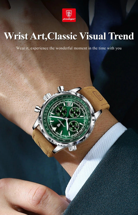 Mandotos POEDAGAR men's luxury quartz chronograph watch with leather strap, waterproof, luminous dial, military sports style.