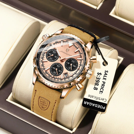 Mandotos POEDAGAR men's luxury quartz chronograph watch with waterproof leather strap, luminous dial, military sports style.