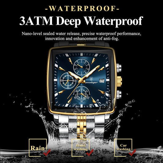Mandotos POEDAGAR men's square chronograph watch with luminous dial, waterproof stainless steel case, and quartz movement.
