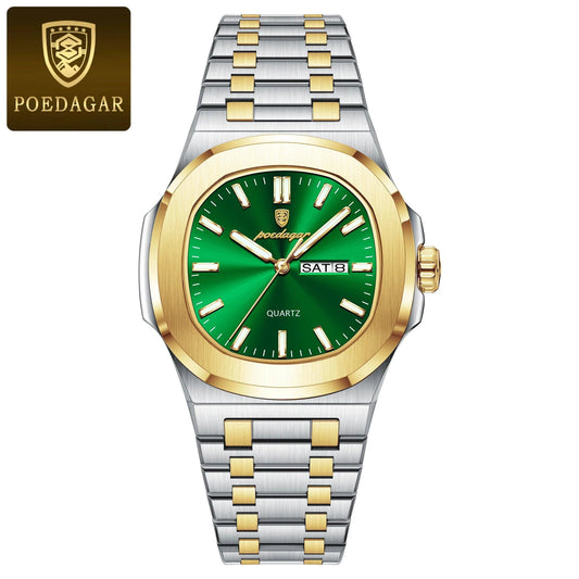 Mandotos POEDAGAR military square men's watch with stainless steel case, luminous dial, waterproof, and date and week display.